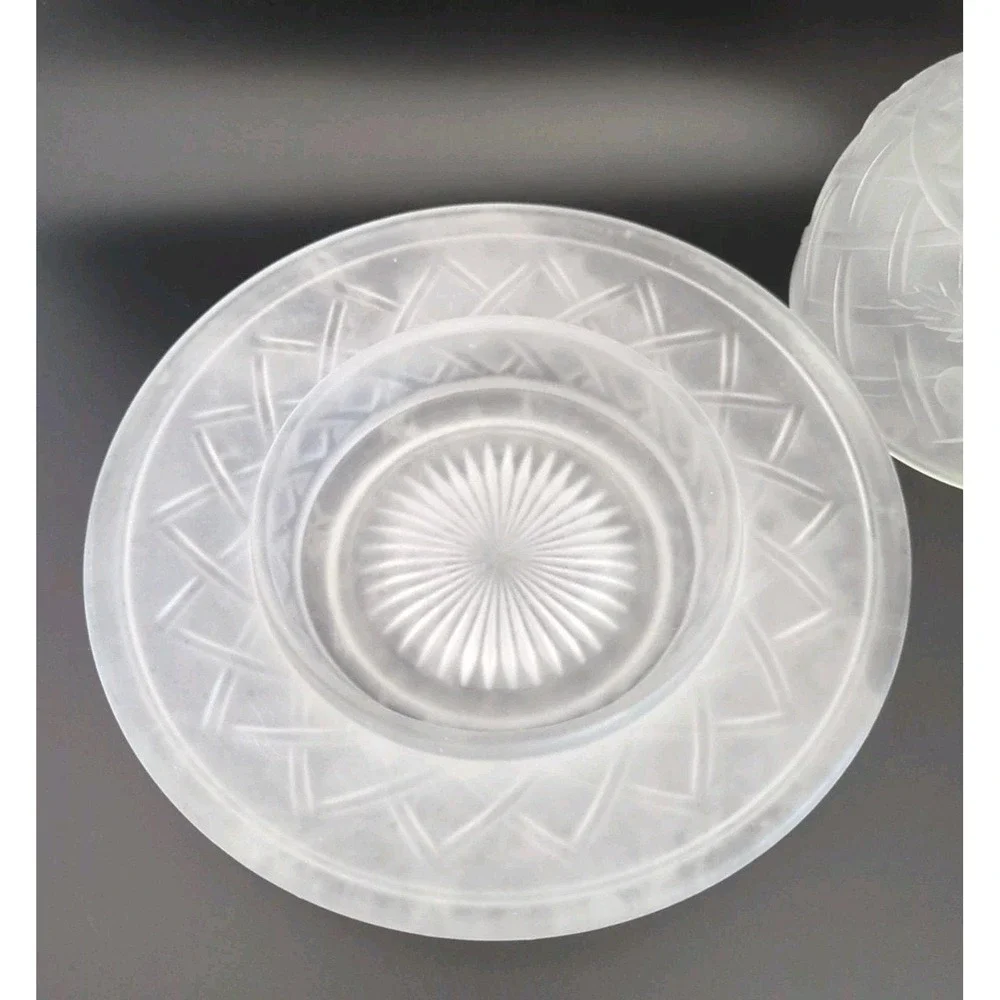 Vintage Frosted Glass Covered Cheese Dish Fruit Pattern Serving Plate w Cloche